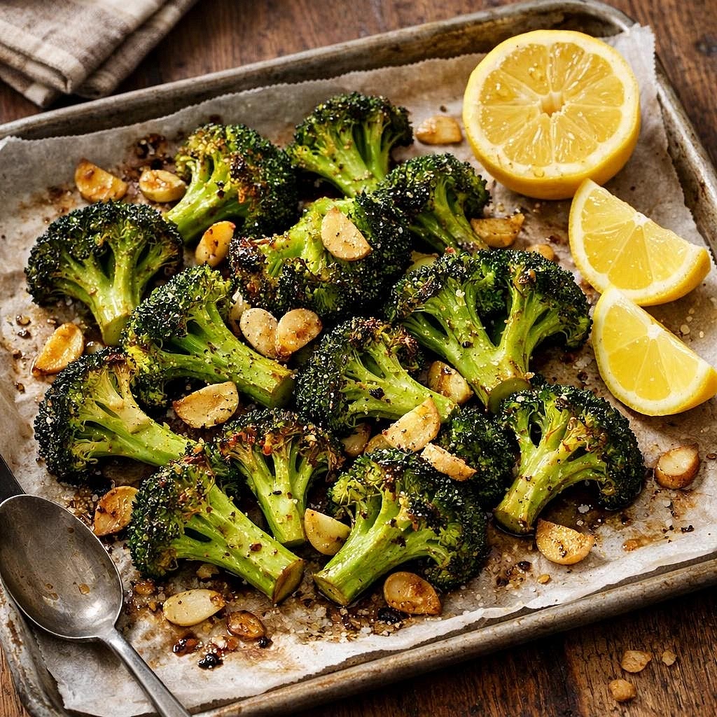 Roast the lemon-garlic broccoli Approximately 25 minutes before serving, preheat your oven to 210°C. Toss the broccoli florets with olive oil, minced garlic and black pepper. Spread on a lined baking tray and roast for approximately 15–20 minutes until tender with lightly browned edges. Finish with fresh lemon juice just before serving. The slightly tangy broccoli complements the rich tomato-and-beef sauce.