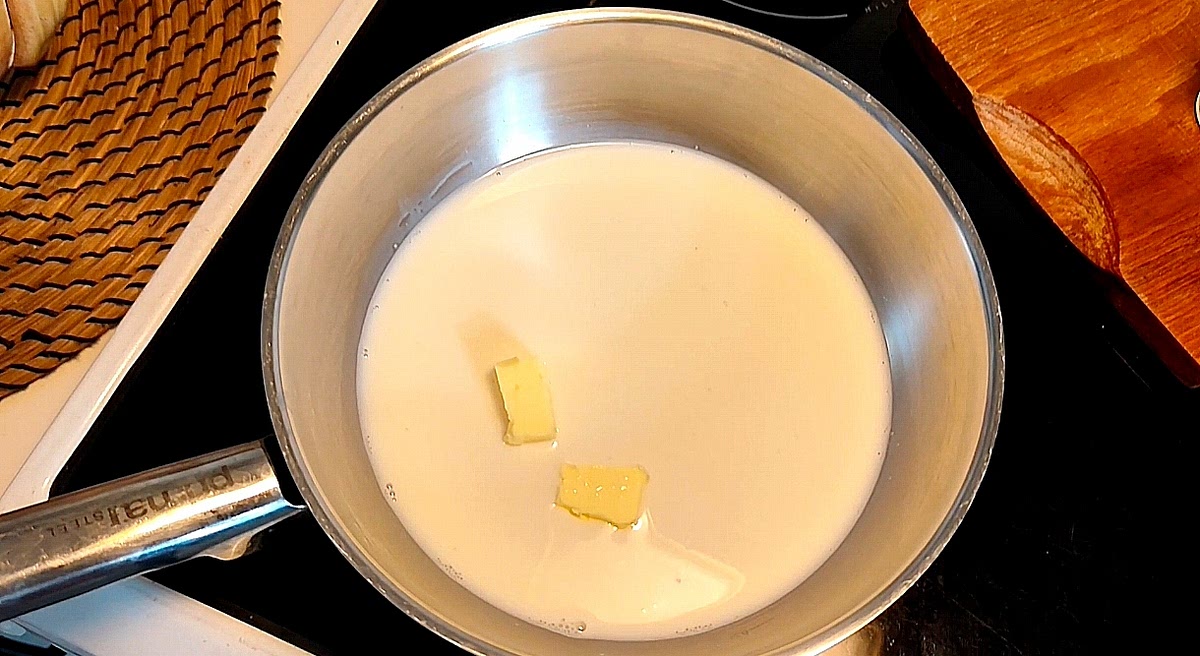 Add cold milk, butter, sugar, and a pinch of salt to a saucepan over medium heat.