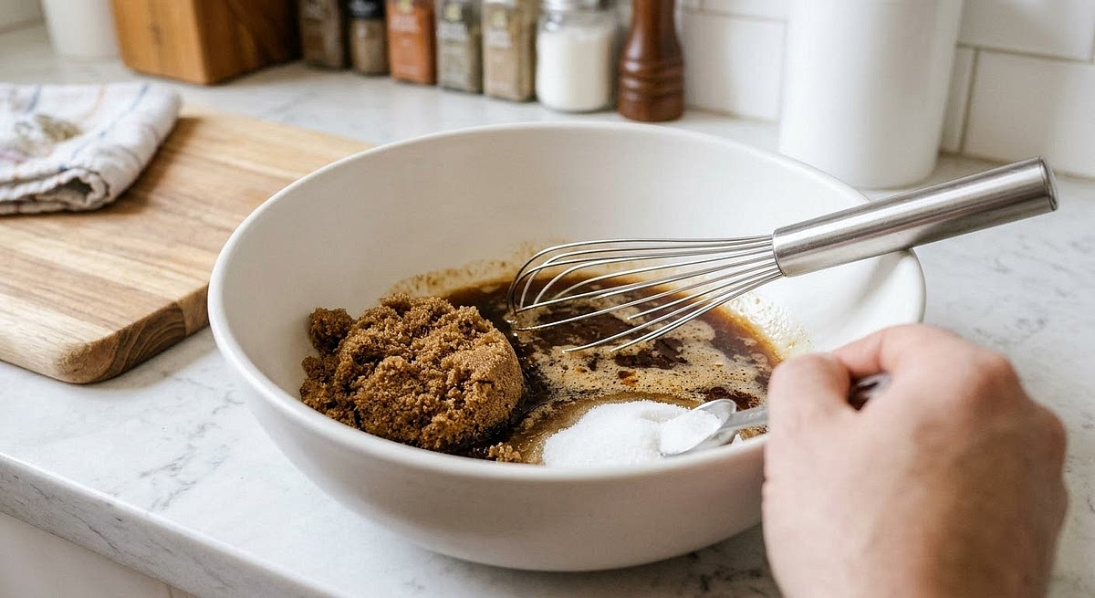 White sugar and brown sugar are added to the bowl.Add the cooled butter to them and mix slowly.