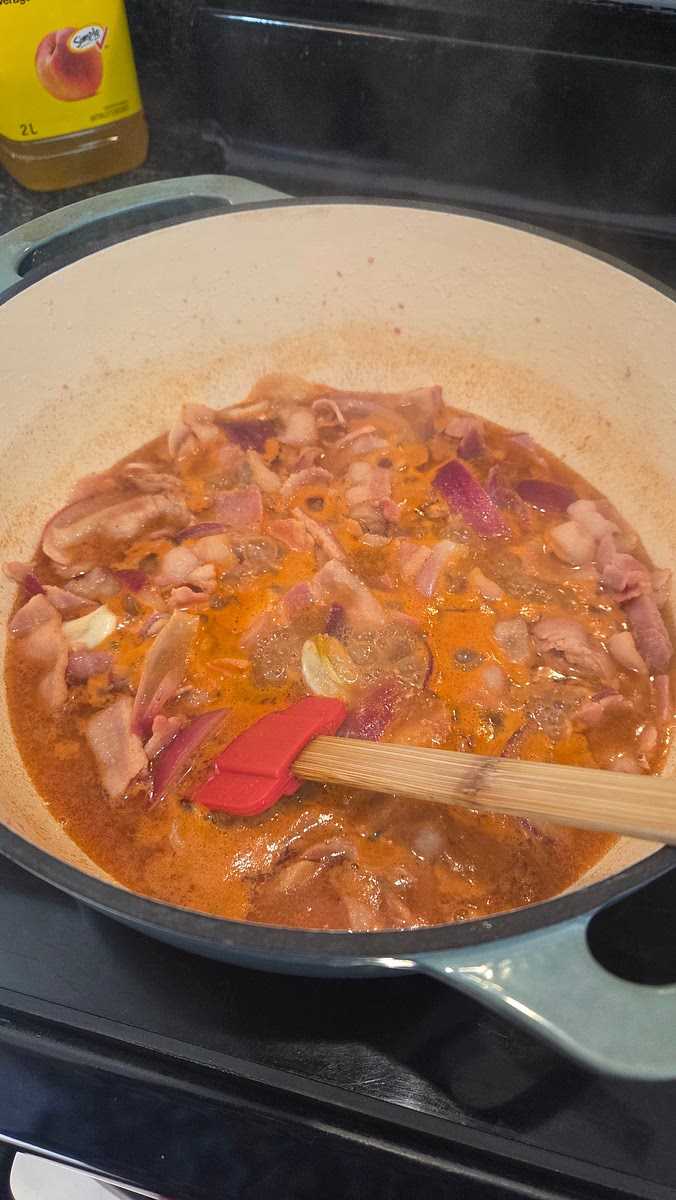 Make broth: beef broth, bbq sauce, paprika, garlic powder, mustard powder, cumin and add to Dutch oven. Bring to a boil snd sim for 10 minutes, set aside.