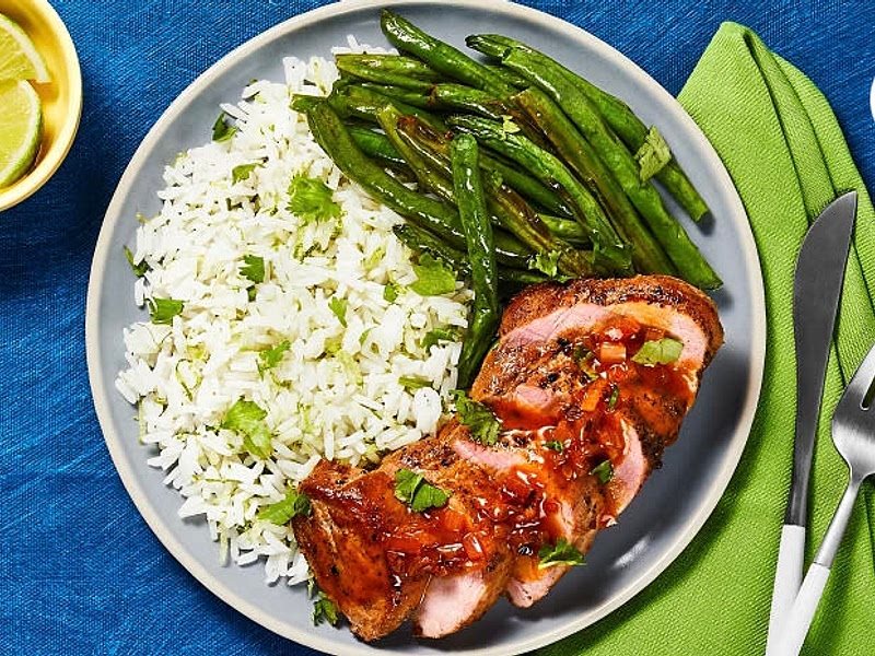 Sweet Thai Chili Pork Tenderloin with Zesty Rice & Roasted Green Recipe | Samsung Food App