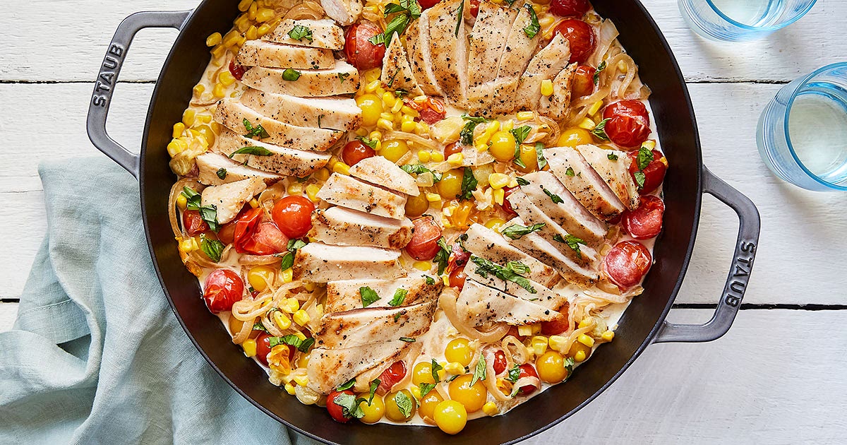 30-Minute Creamy Chicken, Corn and Tomato Skillet Recipe | Samsung Food App
