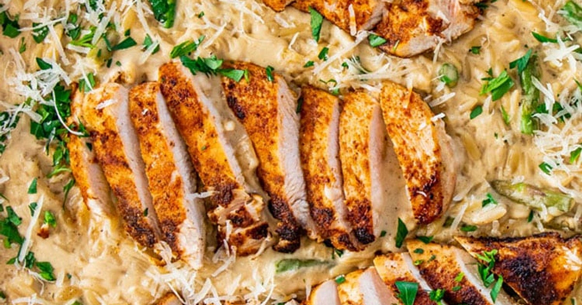 Creamy Parmesan Orzo with Chicken and Asparagus Recipe | Samsung Food App