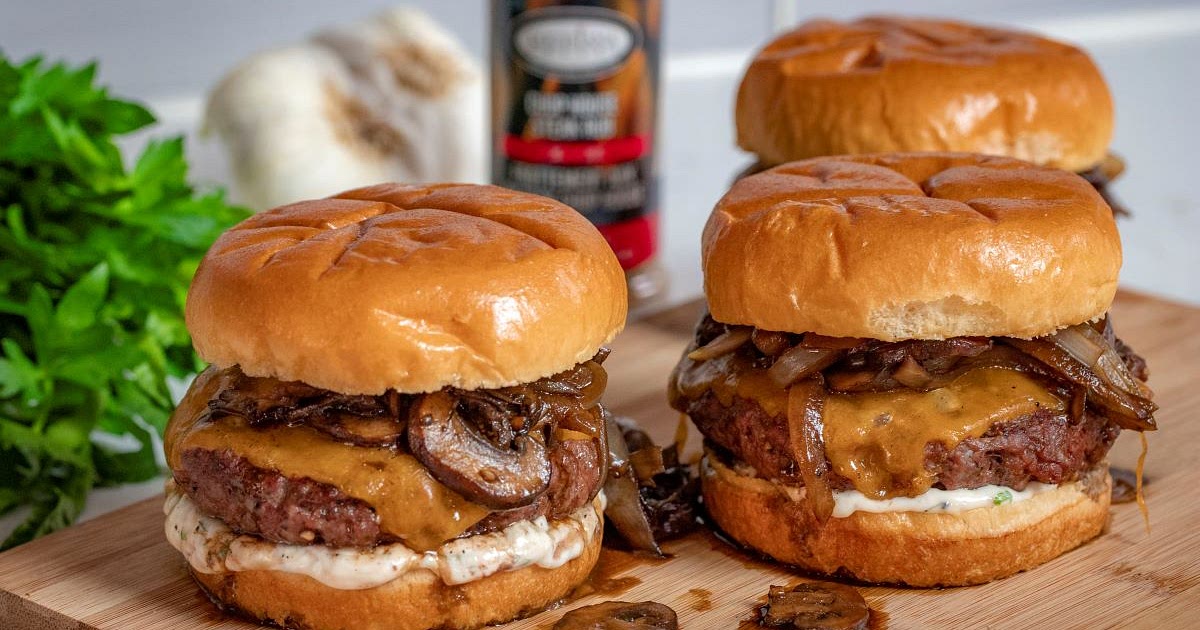 Wagyu Burgers with Caramelized Onions, Garlic Aioli and Mushrooms Recipe | Samsung Food App
