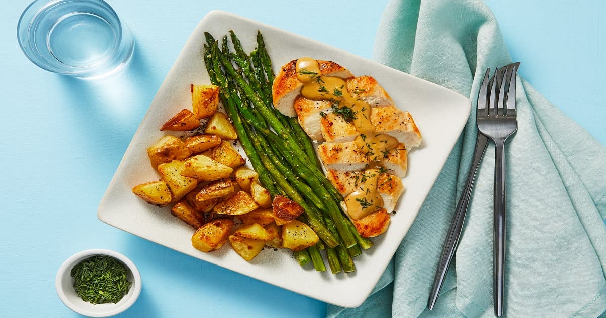Creamy Dill Chicken with Roasted Potatoes &amp; Asparagus Recipe | Samsung Food App