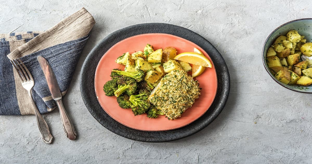 Crusted Dijon Cod with Dilled Fingerling Potatoes and Roasted Broccoli Recipe | Samsung Food App