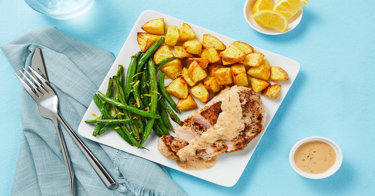 Steakhouse Pork Chops with a Creamy Shallot Pan Sauce & Lemony Green Beans Recipe | Samsung Food App