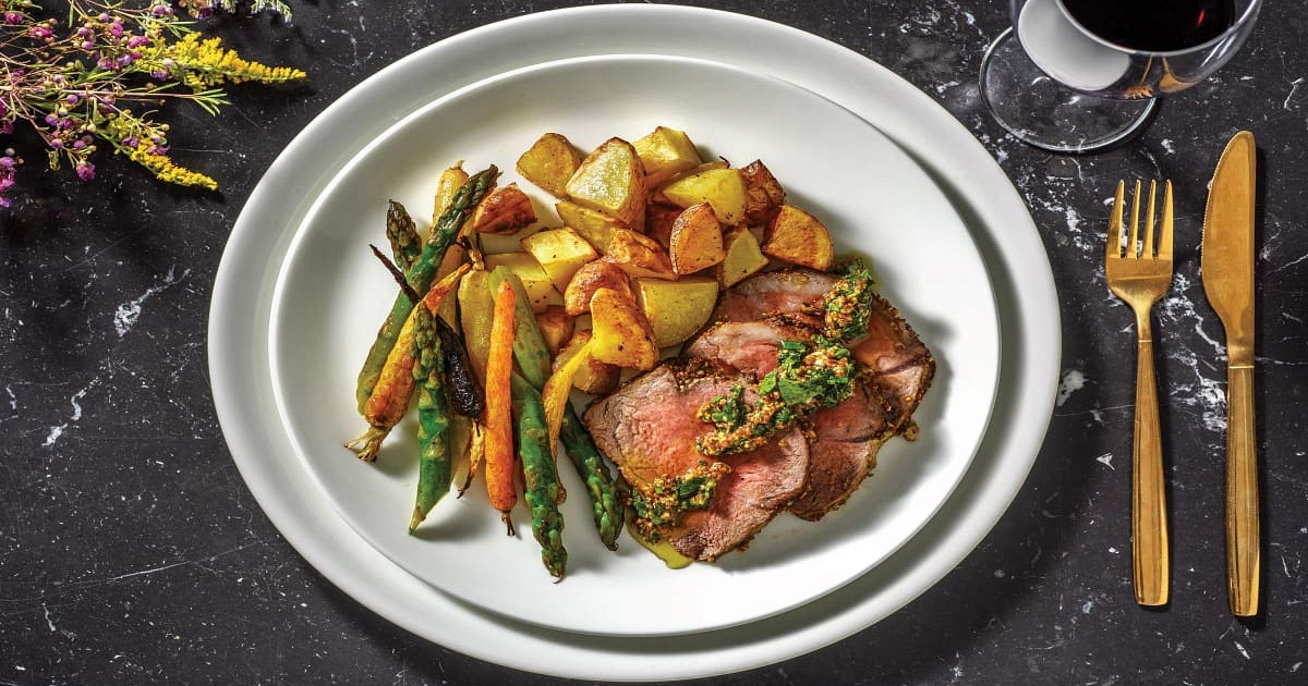 Pistachio-Crusted Lamb with Roasted Potatoes & Mint Chimichurri Recipe | Samsung Food App