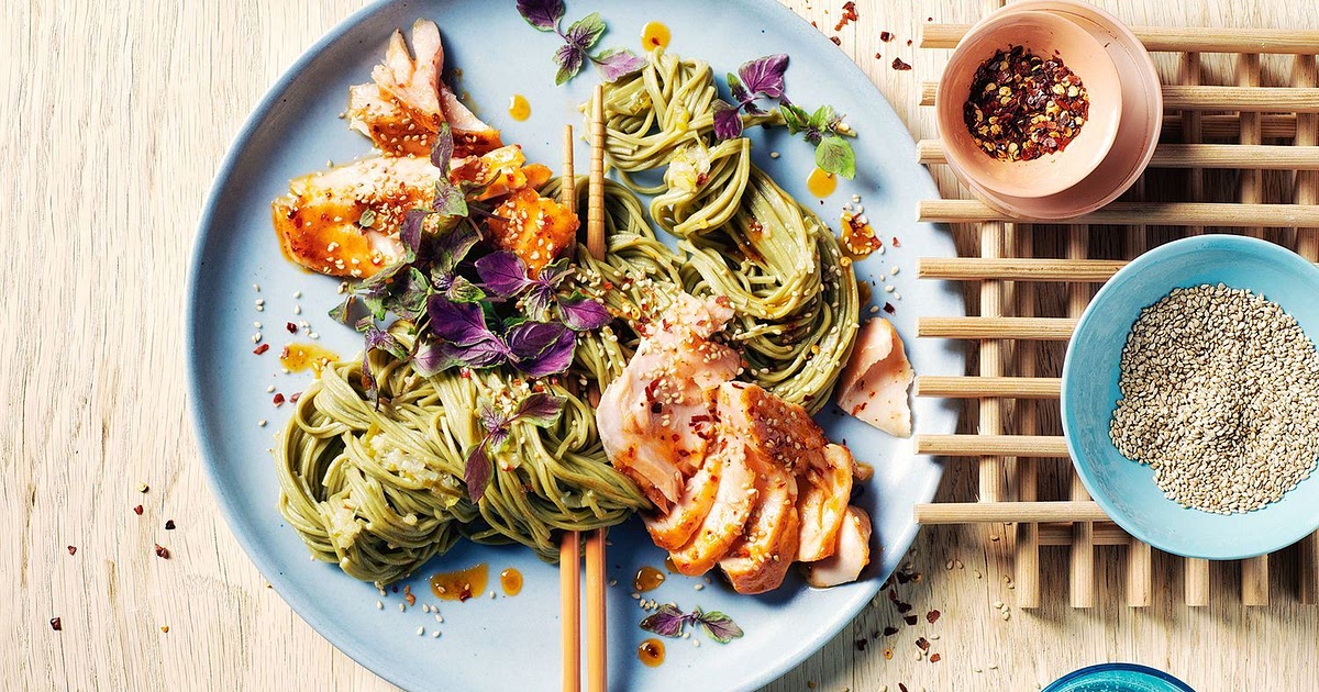 Green tea noodles with sticky sweet chilli salmon recipe Recipe | Samsung Food App