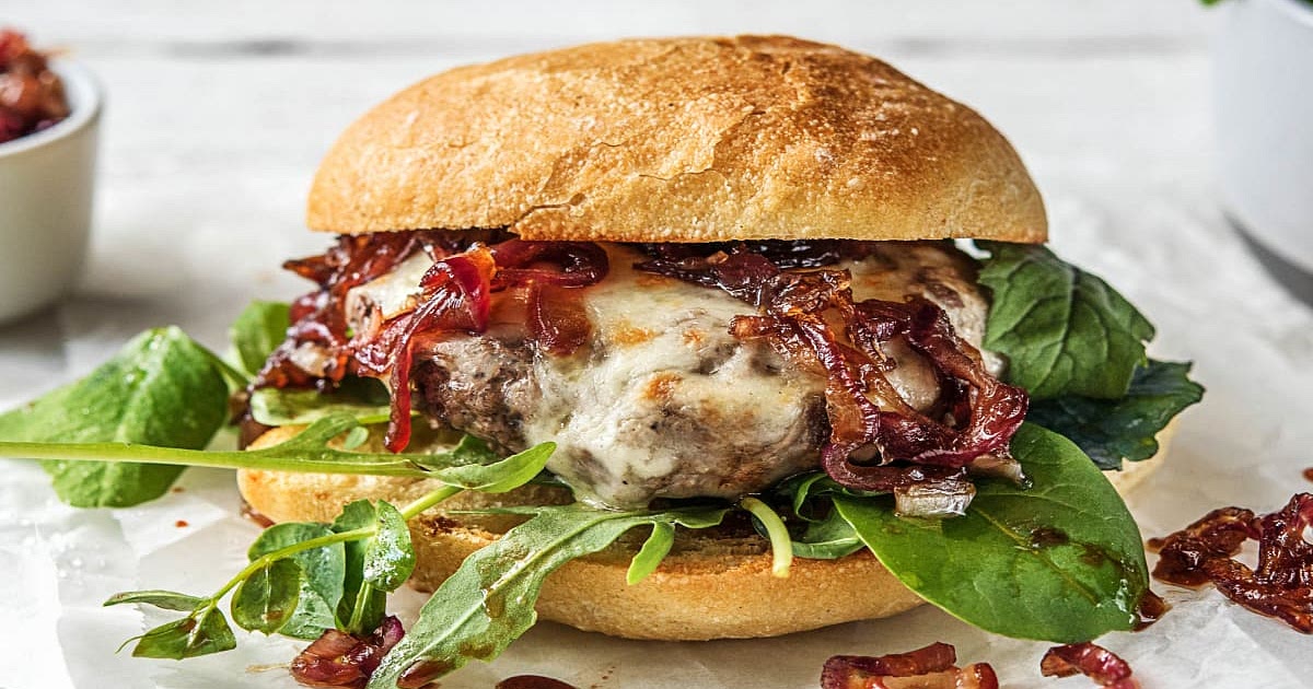 Melty Mozzarella Burgers with Caramelized Onion and Balsamic Greens on Ciabatta Recipe | Samsung Foo