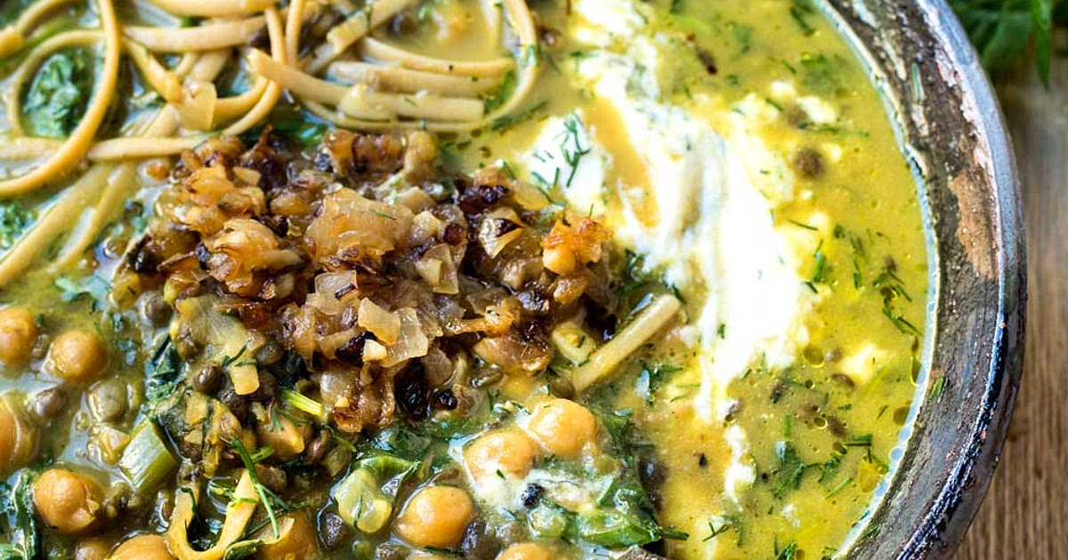Iranian-Inspired Chickpea and Lentil Noodle Soup - WILD GREENS & SARDINES Recipe | Samsung Food App