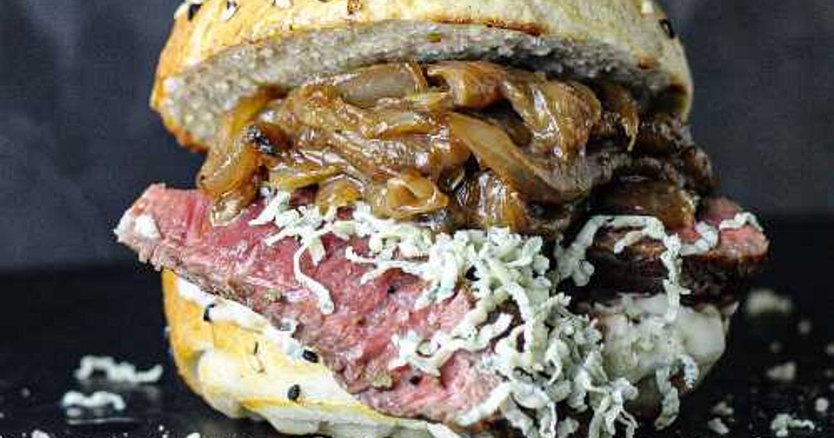 Steak bagel with miso butter onions, blue cheese and roasted garlic mayo Recipe | Samsung Food App