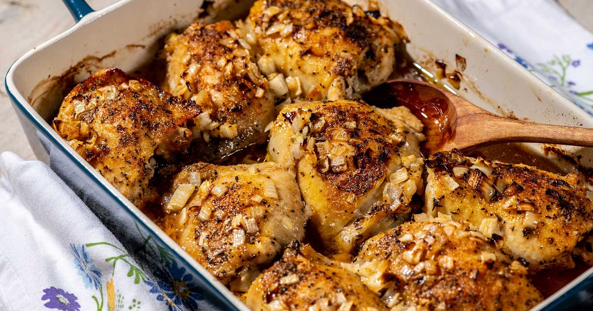 Baked chicken thighs with butter and onions are an ode to a childhood spent cooking with Mom Recipe 