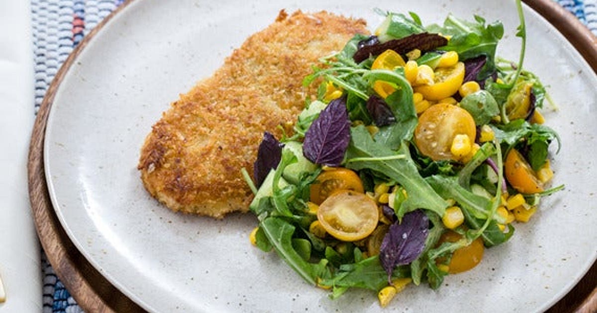 Chicken Milanese with Summer Corn, Tomato & Cucumber Salad Recipe | Samsung Food App