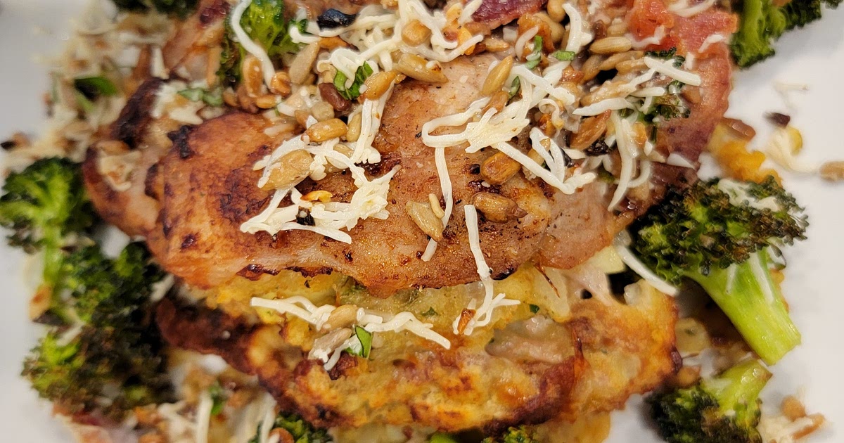 Air Fryer Bacon, Havarti Cheese and Green apple Stuffed Pork Chops w/ Parmesean and Garlic Roasted Broccoli Florets Recipe | Samsung Food App