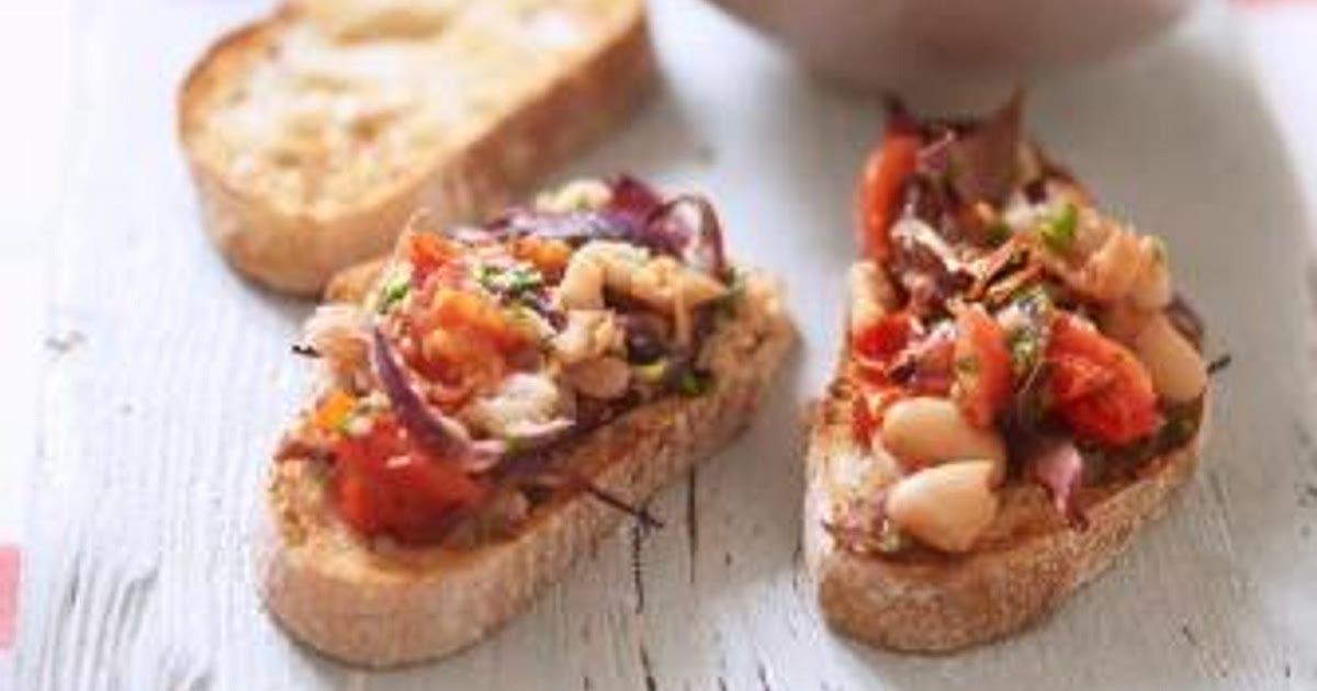 Bruschetta with roast tomato red onion and cannellini beans Recipe | Samsung Food App