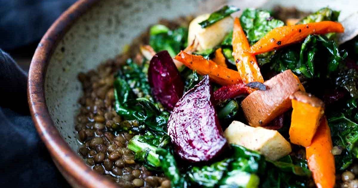 Roasted Root Veggies & Greens over Spiced Lentils Recipe | Samsung Food App