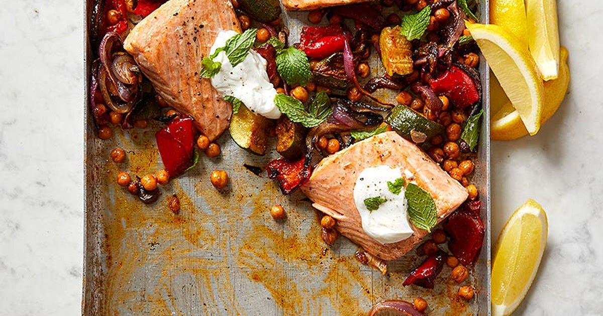 Roasted salmon with chickpeas, zucchini, and red pepper Recipe | Samsung Food App