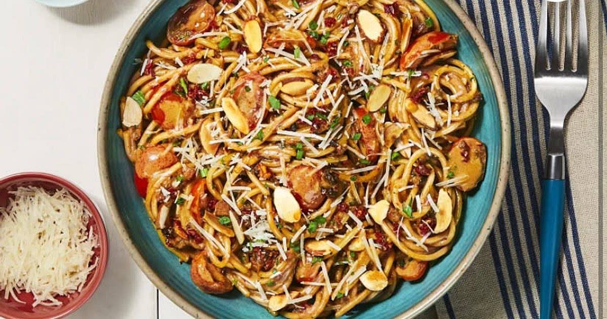 Sun-dried Tomato Spaghetti with … Fresh Herbs, Almonds, & Parm Recipe | Samsung Food App