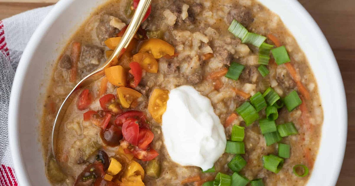 One-Pot Cheeseburger Soup with Rice Recipe | Samsung Food App