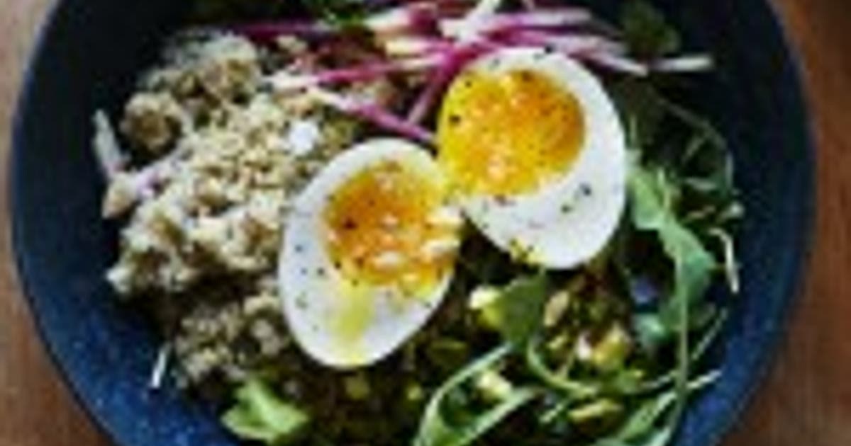 Arugula Breakfast Salad with Toasted Pistachio, Radish & Soft Eggs (serves 2) Gluten-free, Dairy-fre