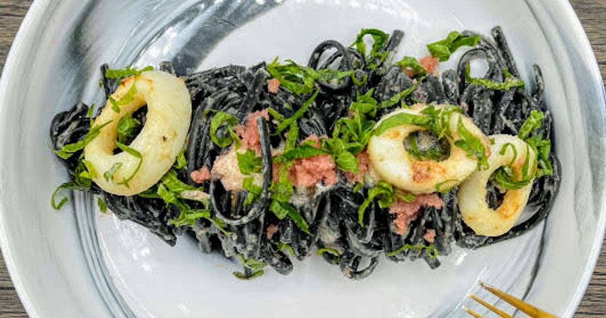 Squid Ink Pasta with Squid and Mentaiko Recipe | Samsung Food App