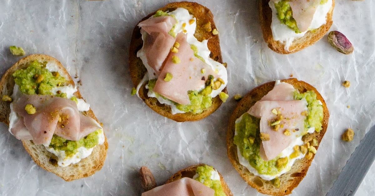Burrata Crostini with Mortadella and Pistachio Pesto Recipe | Samsung Food App