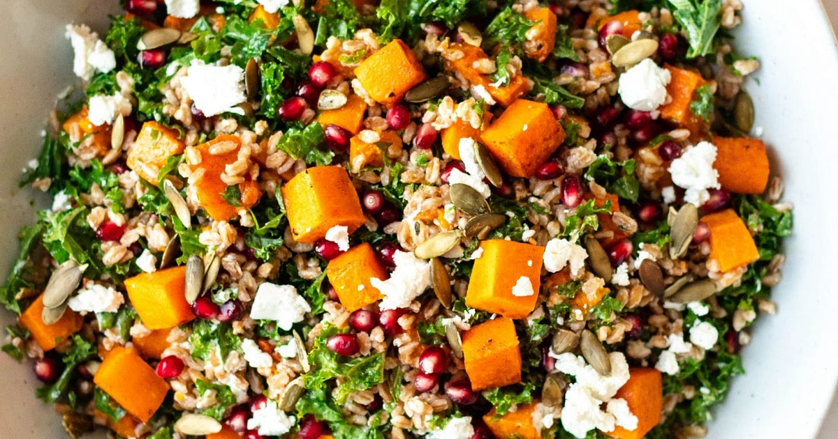 Fall Farro Salad with Butternut Squash, Kale, Pomegranate, and Goat Cheese Recipe | Samsung Food App