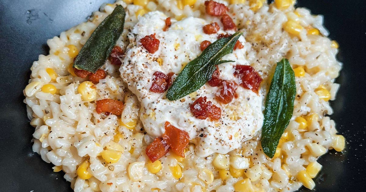 Sweet Corn Risotto with Crispy Sage, Pancetta and Burrata Recipe | Samsung Food App