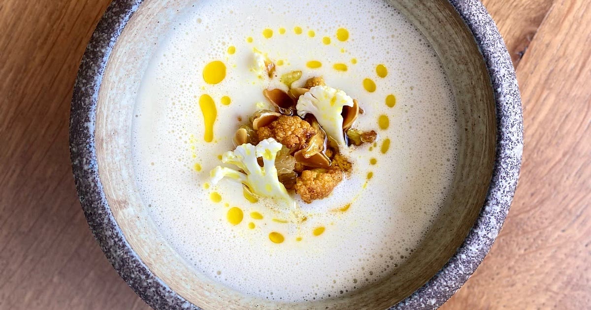 Cauliflower soup, curry oil, almonds and sultanas from Simpson's Restaurant, Edgbaston Recipe | Sams