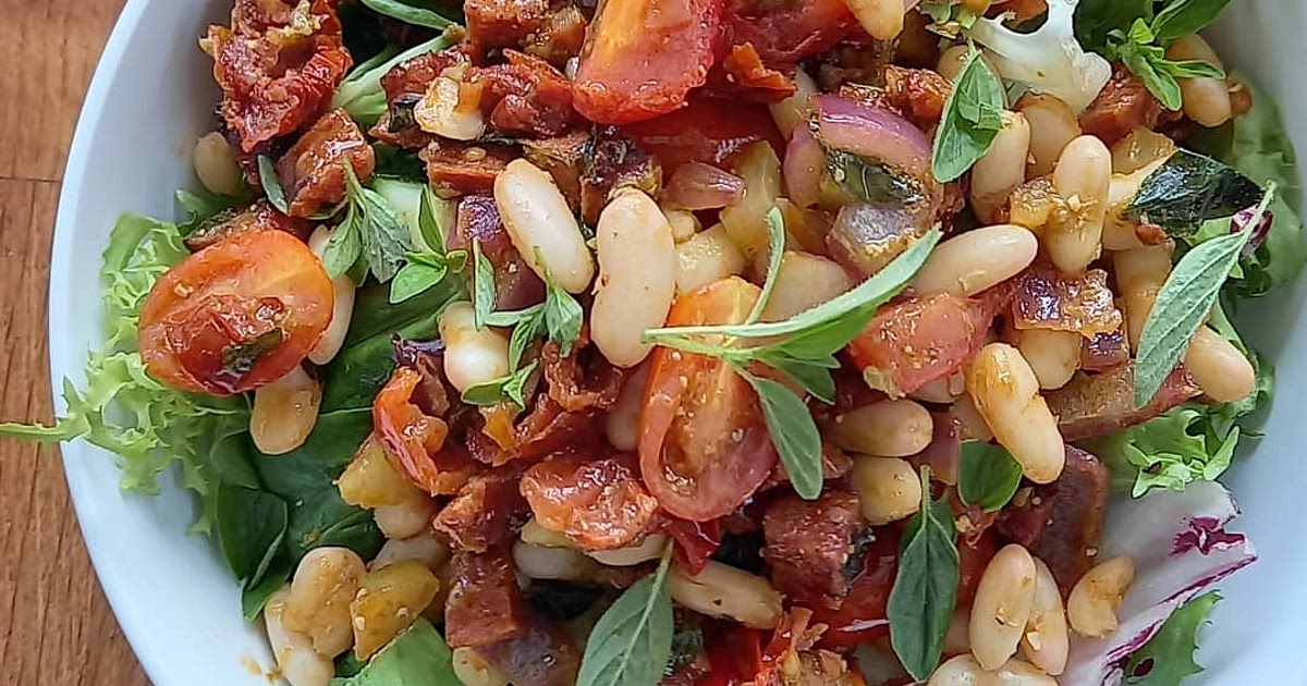 Warm Chorizo Chickpea Cannelini and Feta salad Recipe | Samsung Food App