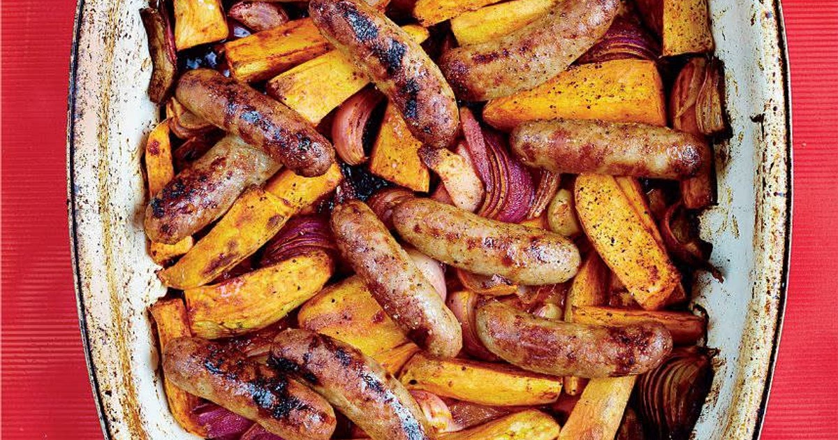 Smoky Sausage, Sweet Potato & Red Onion Traybake Recipe | Samsung Food App