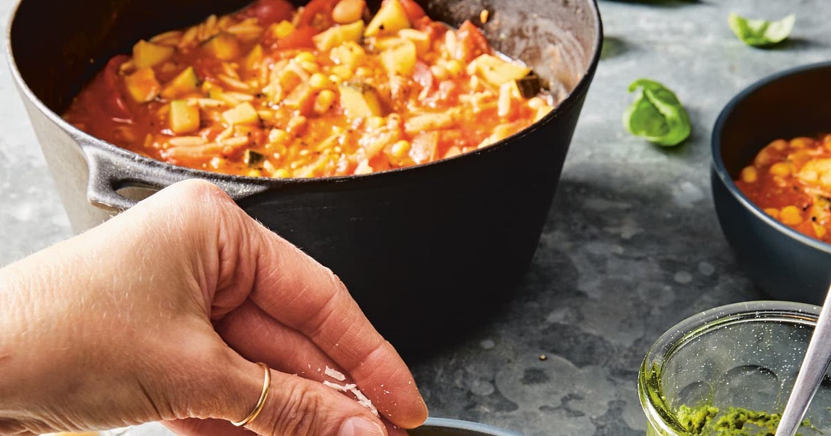 Orzo Minestrone with Fresh Corn, Zucchini, and Pesto Recipe | Samsung Food App