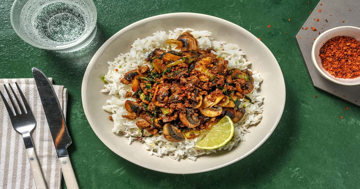 Fragrant Pork and Mushroom Stir-Fry with Pak Choi and Zesty Rice Recipe | Samsung Food App