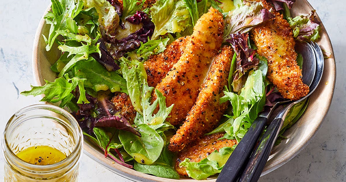 Homemade Chicken Tenders with Everything Bagel Seasoning Over Salad Recipe | Samsung Food App