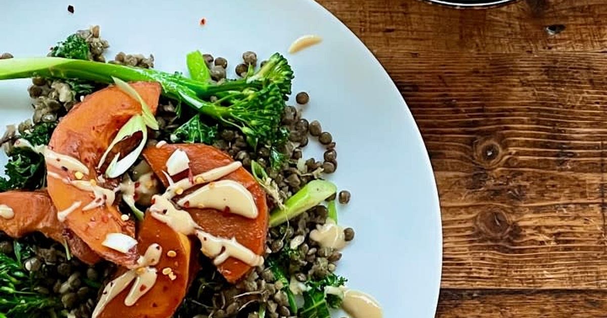 Miso roast squash with warm lentil salad. Recipe | Samsung Food App