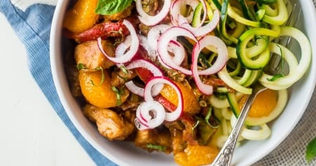 Healthy Chicken Stir Fry with Dijon Orange Almond Sauce and Zucchini Noodles Recipe | Samsung Food App