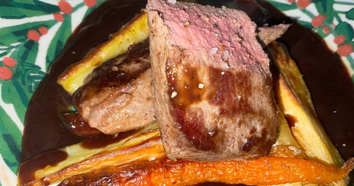 Venison Loin with a Red Wine and Juniper Sauce Served with Roasted Carrots and Parsnips Recipe | Sam