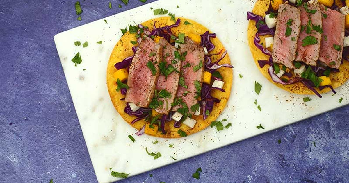 Air Fryer Tuna Steak Tostadas with Jicama Slaw Recipe | Samsung Food App