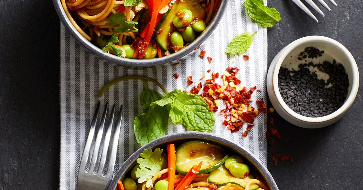 Spicy Noodles with Edamame, Cucumber, and Peanuts Recipe | Samsung Food App