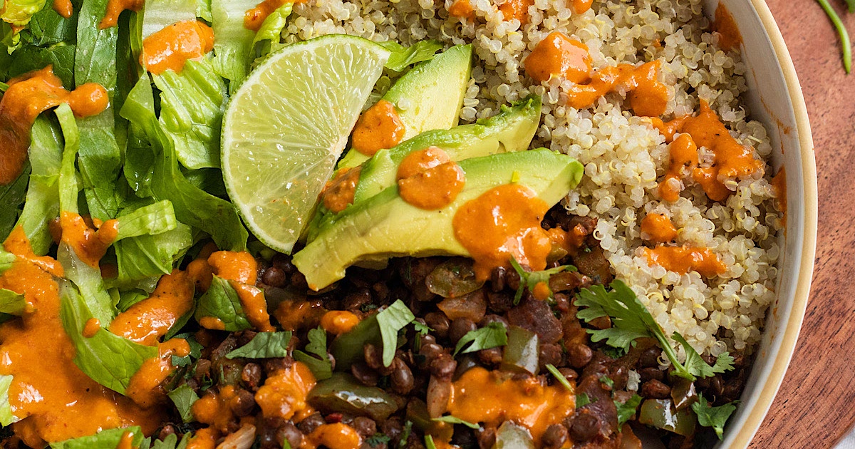 Lentil burrito bowl with chipotle cashew sauce Recipe | Samsung Food App