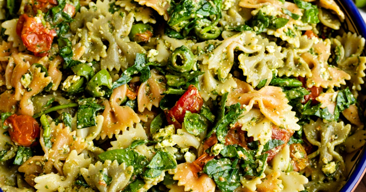 Cold Bowtie Pasta Salad with Feta Cheese and Spinach Recipe | Samsung Food App