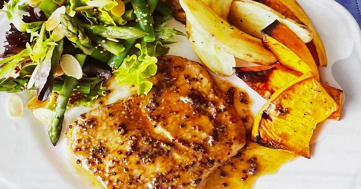 Honey mustard pork with asparagus and bean salad  Recipe | Samsung Food App
