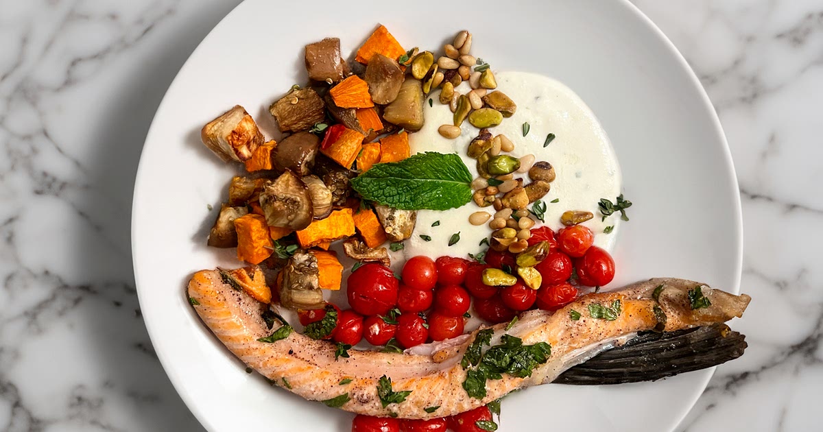 Mediterranean Salmon Belly Bowl with Toasted Nuts and Whipped Feta Recipe | Samsung Food App