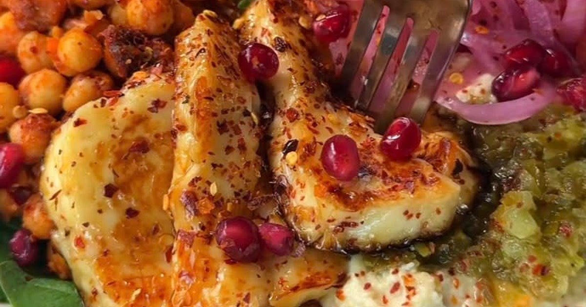 Sticky Halloumi, Harissa Chickpeas, and Jalapeño Hummus Recipe | Samsung Food App