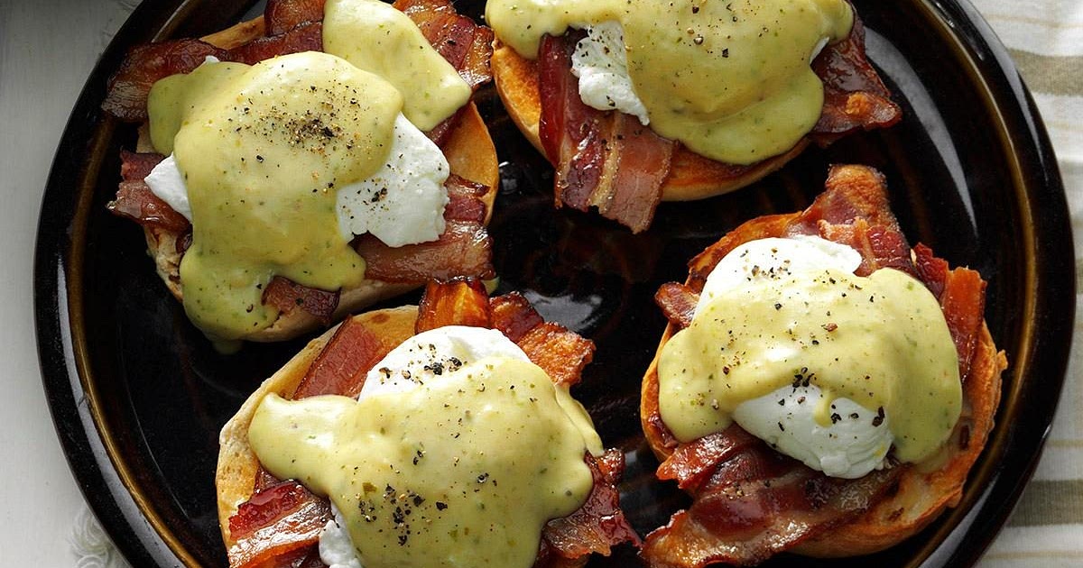 Creamy Pesto 'n Bacon Eggs Benedict Recipe | Samsung Food App