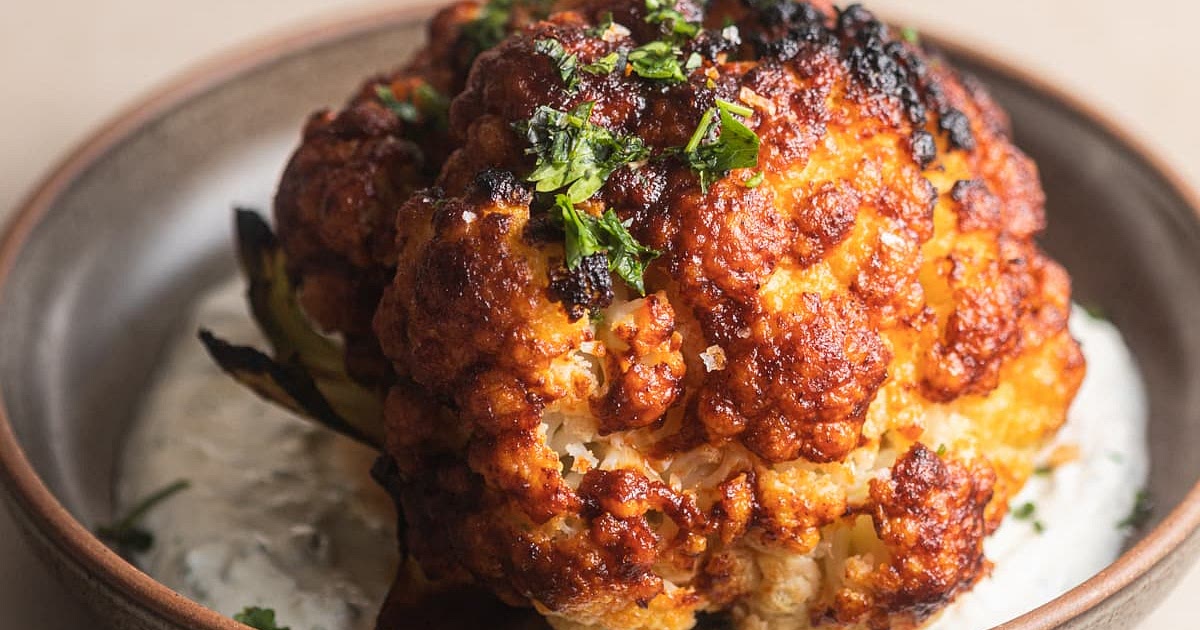 Whole-Roasted Harissa Cauliflower with Garlic Yogurt Recipe | Samsung Food App
