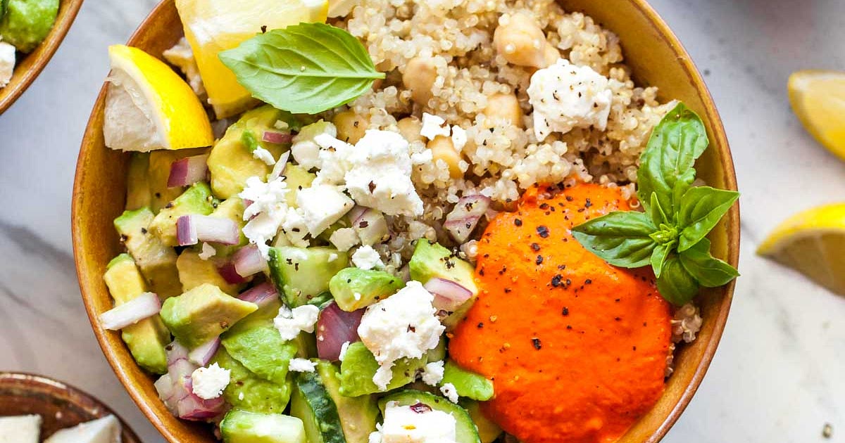 Mediterranean Power Bowls with Red Pepper Sauce Recipe | Samsung Food App