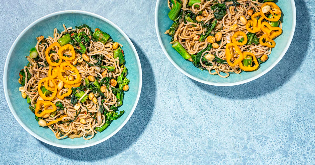 Sesame Ginger Noodles with Stir-Fried Greens & Toasted Peanuts Recipe | Samsung Food App