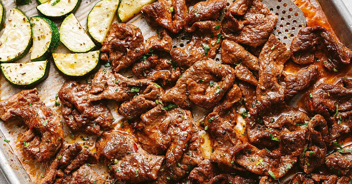 10-Minute Sheet Pan Steak with Lemon Zucchini Recipe | Samsung Food App